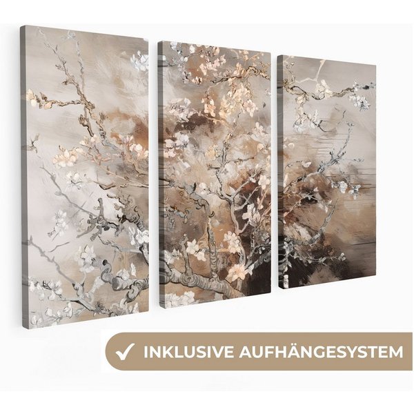 MuchoWow Leinwandbild Mandelblüte - Abstrakt - Beige, Fotodruck (3 St), Wand Bilder 3 Set, Deko Schlafzimmer Wohnzimmer Flur 60x40 cm
