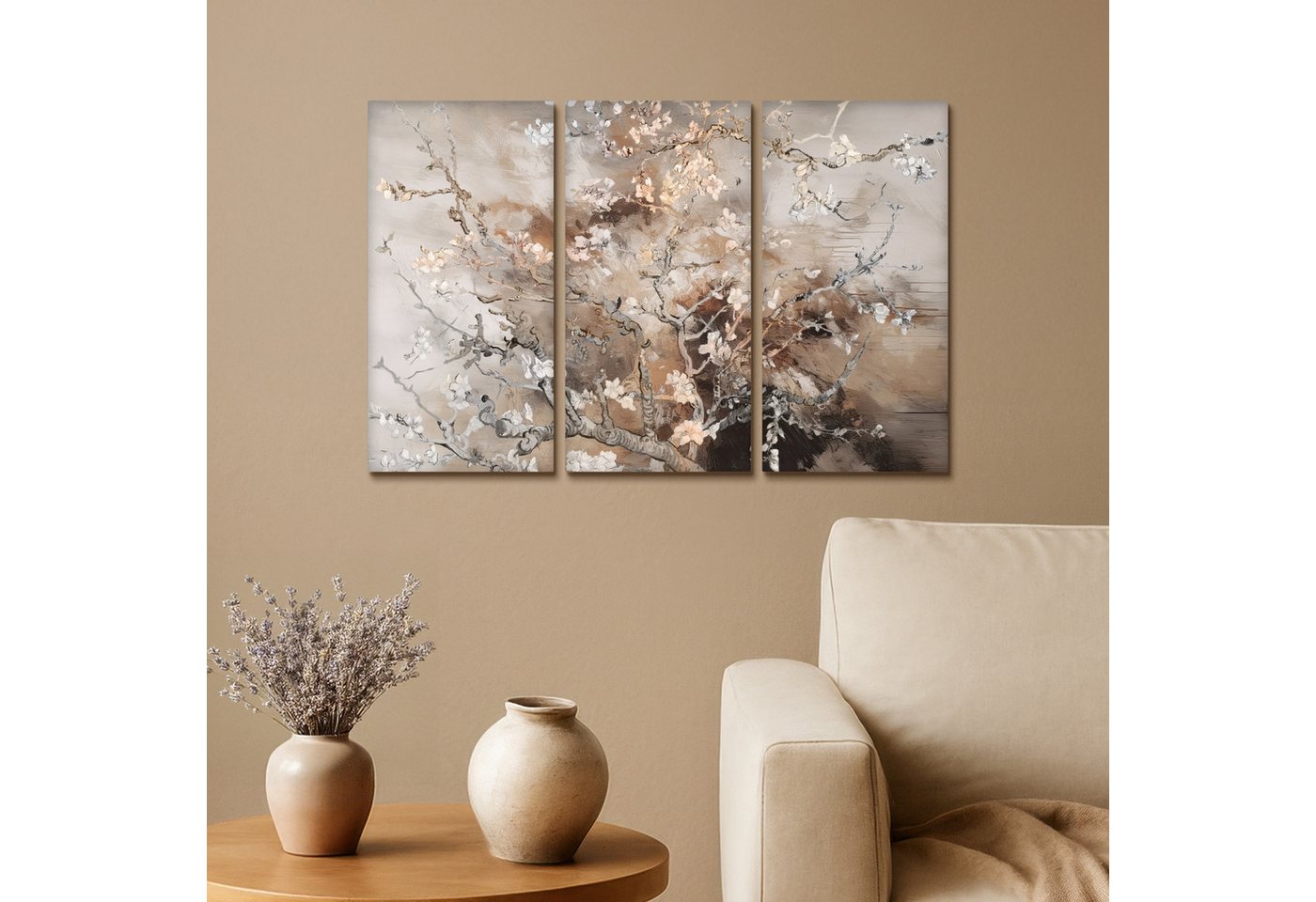 MuchoWow Leinwandbild Mandelblüte - Abstrakt - Beige, Fotodruck (3 St), Wand Bilder 3 Set, Deko Schlafzimmer Wohnzimmer Flur 60x40 cm – Bild 2 von 5