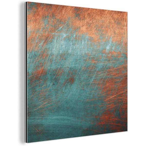 MuchoWow Metallbild Metall - Rost - Bronze - Blau - Abstrakt - Struktur, Inkl. Aufhängung, Alu-Dibond-Druck, Wandbild aus Metall, Aluminium deko, 20x20 cm