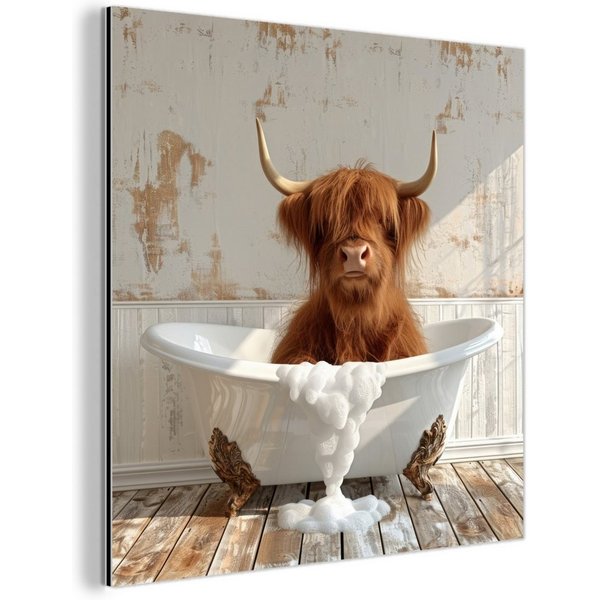 MuchoWow Metallbild Schottischer Highlander - Badewanne - Vintage - Kuh, Inkl. Aufhängung, Metallbilder Badezimmer, Toilette Bilder aus Metall, 20x20 cm