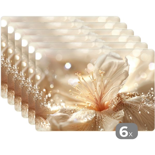 MuchoWow Platzset Blume - Weiß - Glitter - Gold - Modern, (6-St), Platzsets, Tischset, Abwaschbar, Tischsets, Platzdeckchen