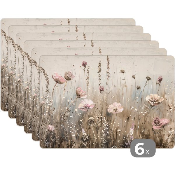 MuchoWow Platzset Blumen - Rosa - Modern - Beige, (6-St), Platzsets, Tischset, Abwaschbar, Tischsets, Platzdeckchen