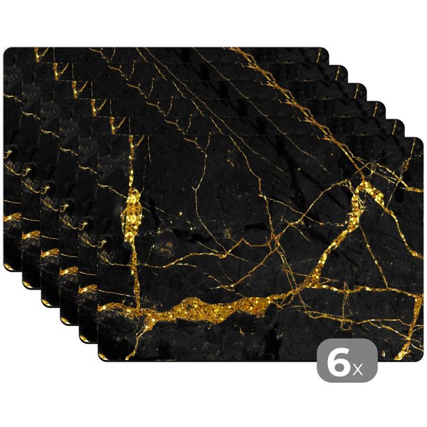 MuchoWow Platzset Marmor - Gold - Schwarz - Marmoroptik/print - Luxe - Glitzer, (6-St), Platzsets, Tischset, Abwaschbar, Tischsets, Platzdeckchen