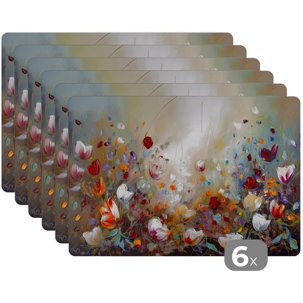 MuchoWow Platzset Ölfarben - Blumen - Farbenfroh - Natur, (6-St), Platzsets, Tischset, Abwaschbar, Tischsets, Platzdeckchen