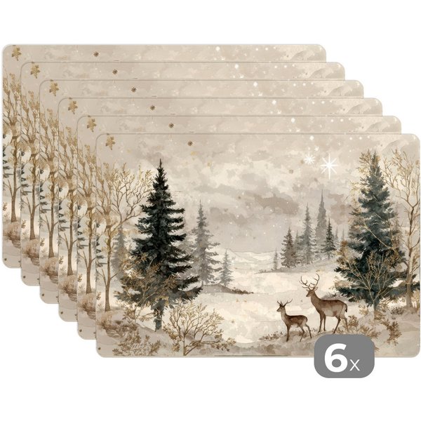 MuchoWow Platzset Wald - Hirsche - Winter - Schnee, (6-St), Platzsets, Tischset, Abwaschbar, Tischsets, Platzdeckchen
