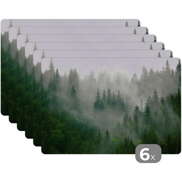 MuchoWow Platzset Wald - Nebel - Bäume - Natur, (6-St), Platzsets, Tischset, Abwaschbar, Tischsets, Platzdeckchen