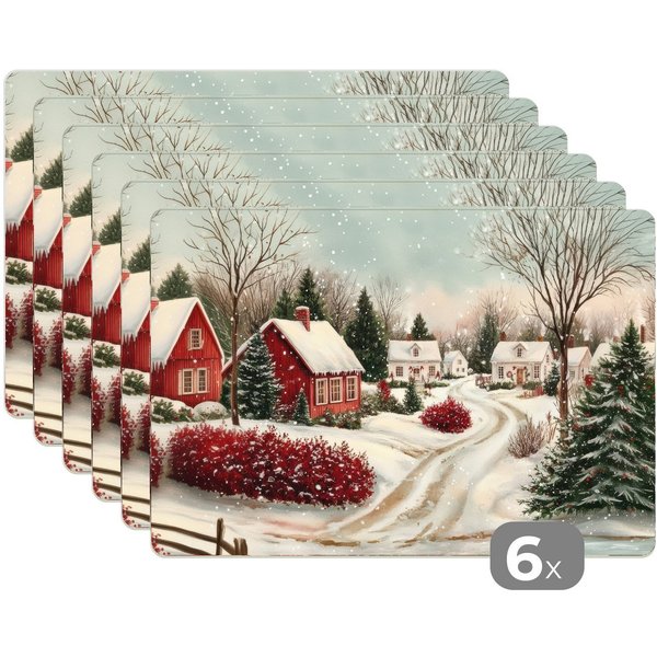 MuchoWow Platzset Weihnachtsstimmung - Ländlich - Rot, (6-St), Platzsets, Tischset, Abwaschbar, Tischsets, Platzdeckchen