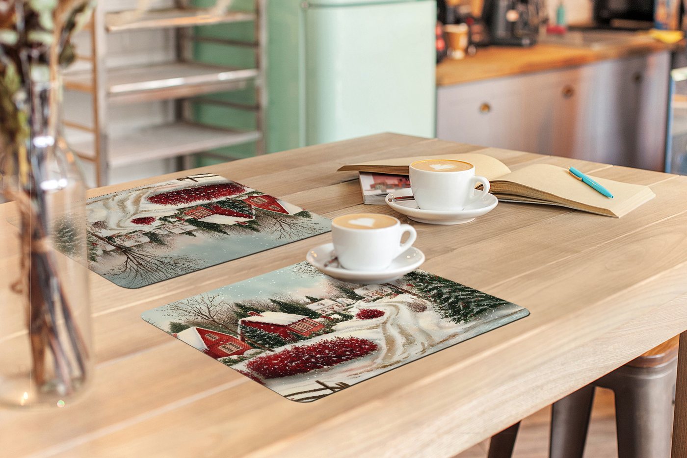 MuchoWow Platzset Weihnachtsstimmung - Ländlich - Rot, (6-St), Platzsets, Tischset, Abwaschbar, Tischsets, Platzdeckchen – Bild 3 von 5