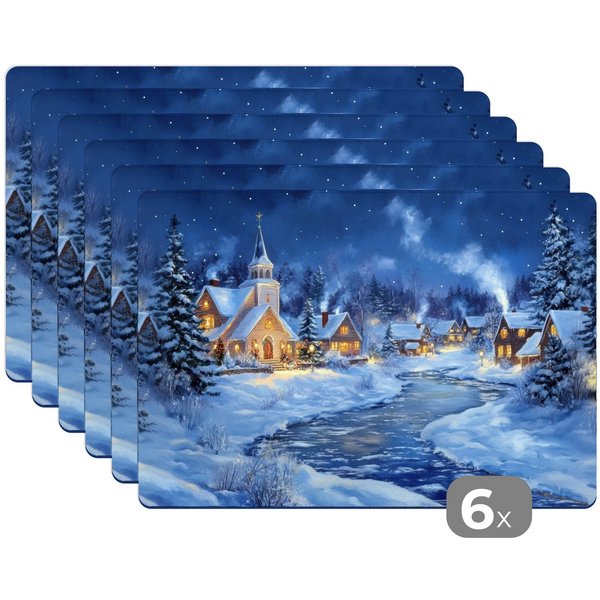 MuchoWow Platzset Winterabend - Weihnachtsdorf - Dunkelheit, (6-St), Platzsets, Tischset, Abwaschbar, Tischsets, Platzdeckchen