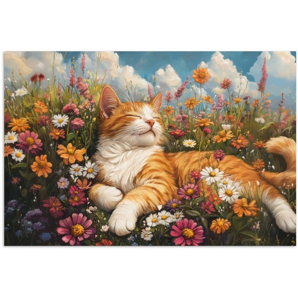 MuchoWow Poster Katze - Blumen - Entspannen, (1 St), Poster ohne Rahmen, Wandbild, Wandposter, 30x20 cm