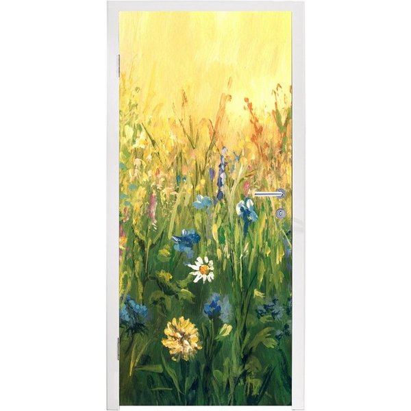 MuchoWow Türtapete Blumen - Aquarell - Sonne, Matt, bedruckt, (1 St), Selbstklebende Tapete, Folie für Möbel, 75x205 cm