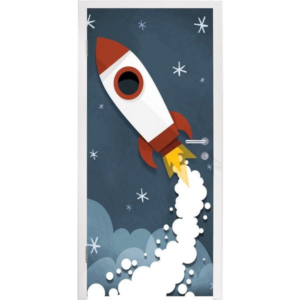 MuchoWow Türtapete Illustration - Rakete - Kinder, Matt, bedruckt, (1 St), Selbstklebende Tapete, Folie für Möbel, 75x205 cm