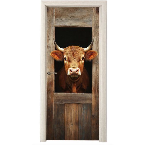 MuchoWow Türtapete Kuh - Fenster - Holz - Tiere, Matt, bedruckt, (1 St), Selbstklebende Tapete, Folie für Möbel, 70x215 cm