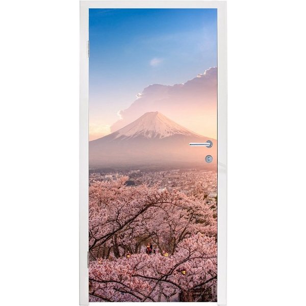 MuchoWow Türtapete Pagode - Sakura - Fuji - Blütenzweige - Japan, Matt, bedruckt, (1 St), Selbstklebende Tapete, Folie für Möbel, 75x205 cm