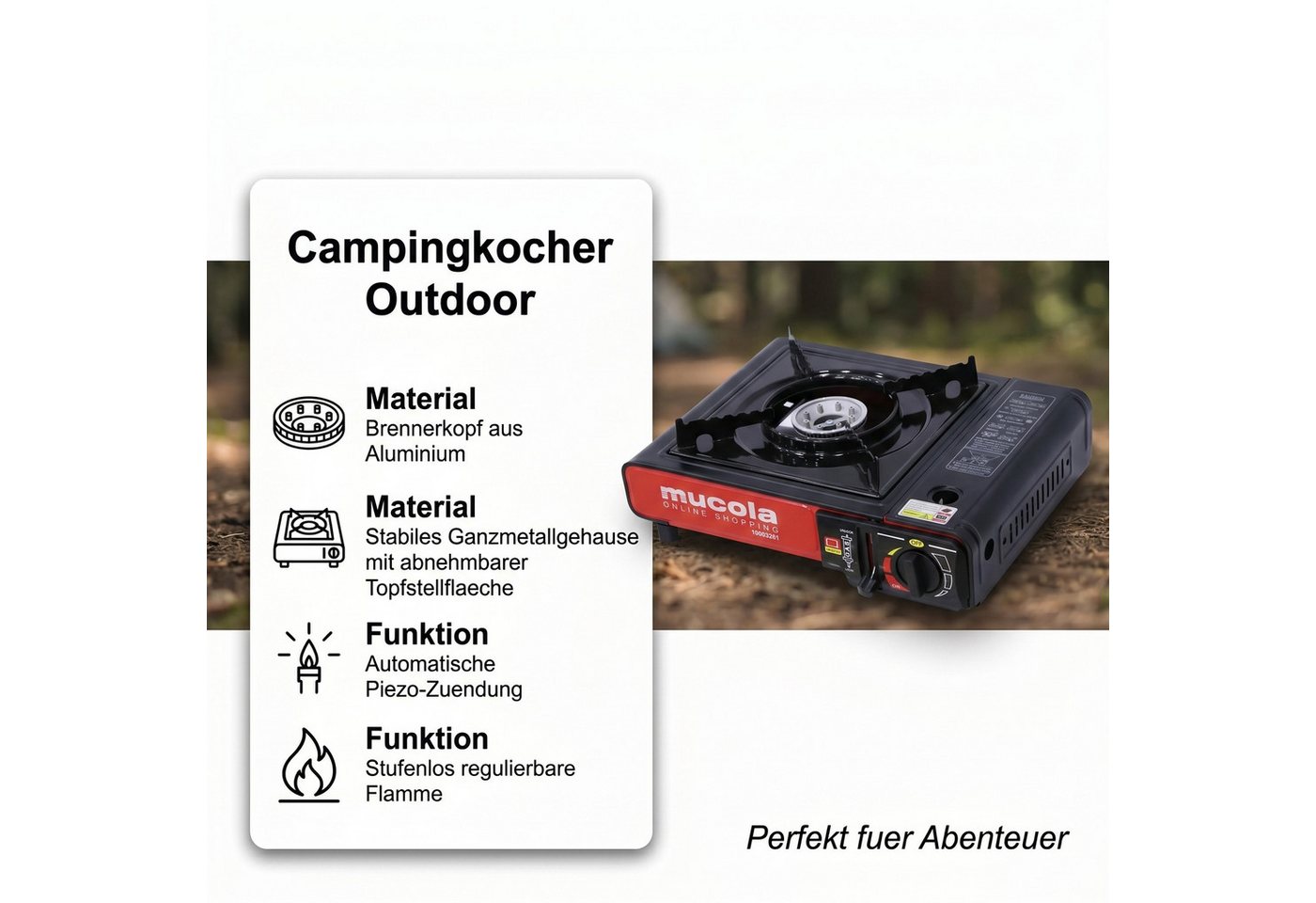 Mucola Campinghocker Campingkocher mit Koffer Gaskocher Herd Kartuschenkocher Gasherd (Stück, 1 St., Campingkocher), Piezozündung – Bild 2 von 5