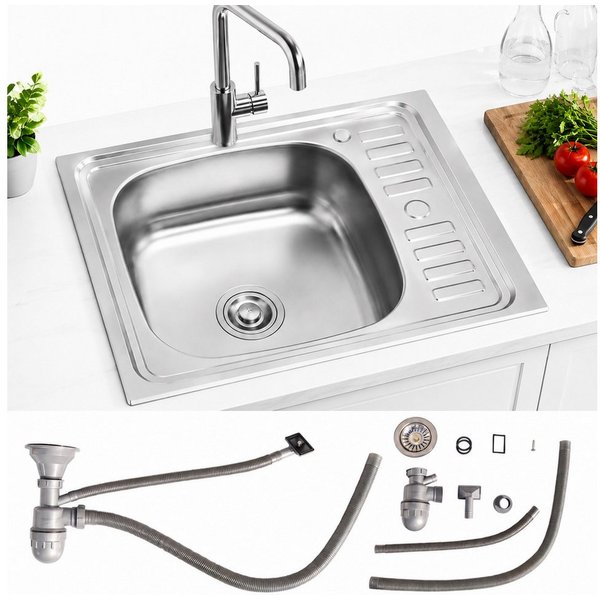 Mucola Einbauspüle Spülbecken Einbauspüle Küchenspüle 60CM Edelstahl Waschbecken + Ablage, Rechteckig, 60/50 cm, Edelstahl gebürstet, (Stück, 1 St., Premium-Spü