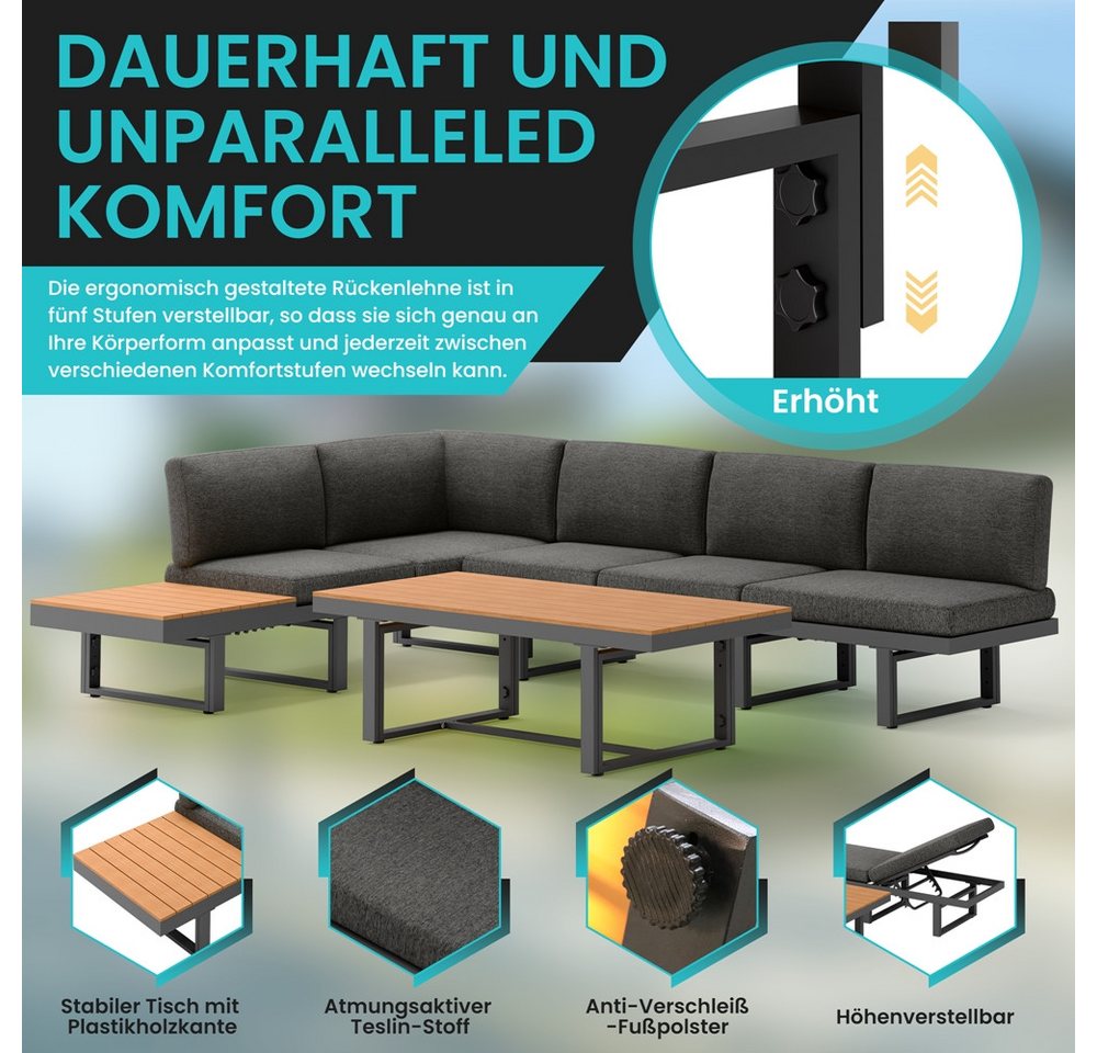 Mucola Gartenlounge-Set Ecklounge mit Liegefunktion Aluminium Essgruppe wetterfest Grau, (wetterfest, resistent gegen Regen, Salzwasser und intensive Sonneneins – Bild 4 von 5