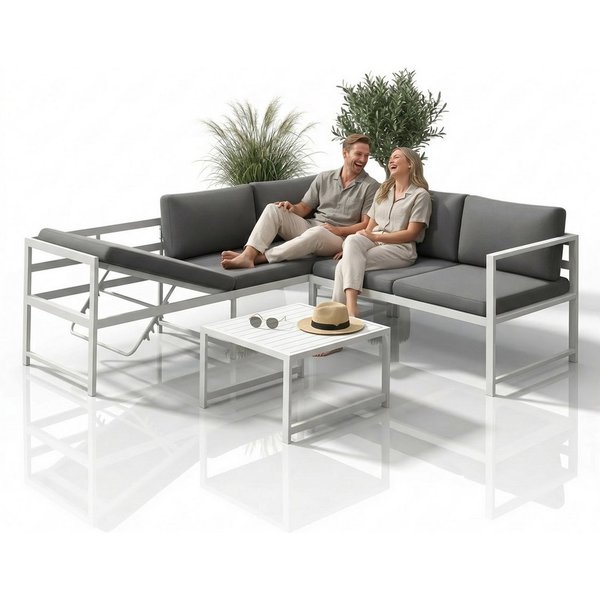 Mucola Gartenlounge-Set Ecklounge mit Liegefunktion Aluminium Sitzgruppe wetterfest Weiß, (Set, 3-tlg., 2 Sofa, 1 Tisch, 11 Auflagen), Liegefunktion durch verst