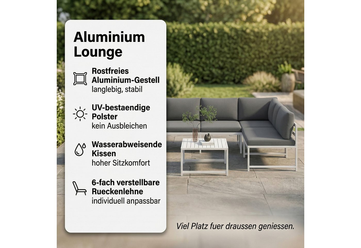 Mucola Gartenlounge-Set Ecklounge mit Liegefunktion Aluminium Sitzgruppe wetterfest Weiß, (Set, 3-tlg., 2 Sofa, 1 Tisch, 11 Auflagen), Liegefunktion durch verst – Bild 2 von 5