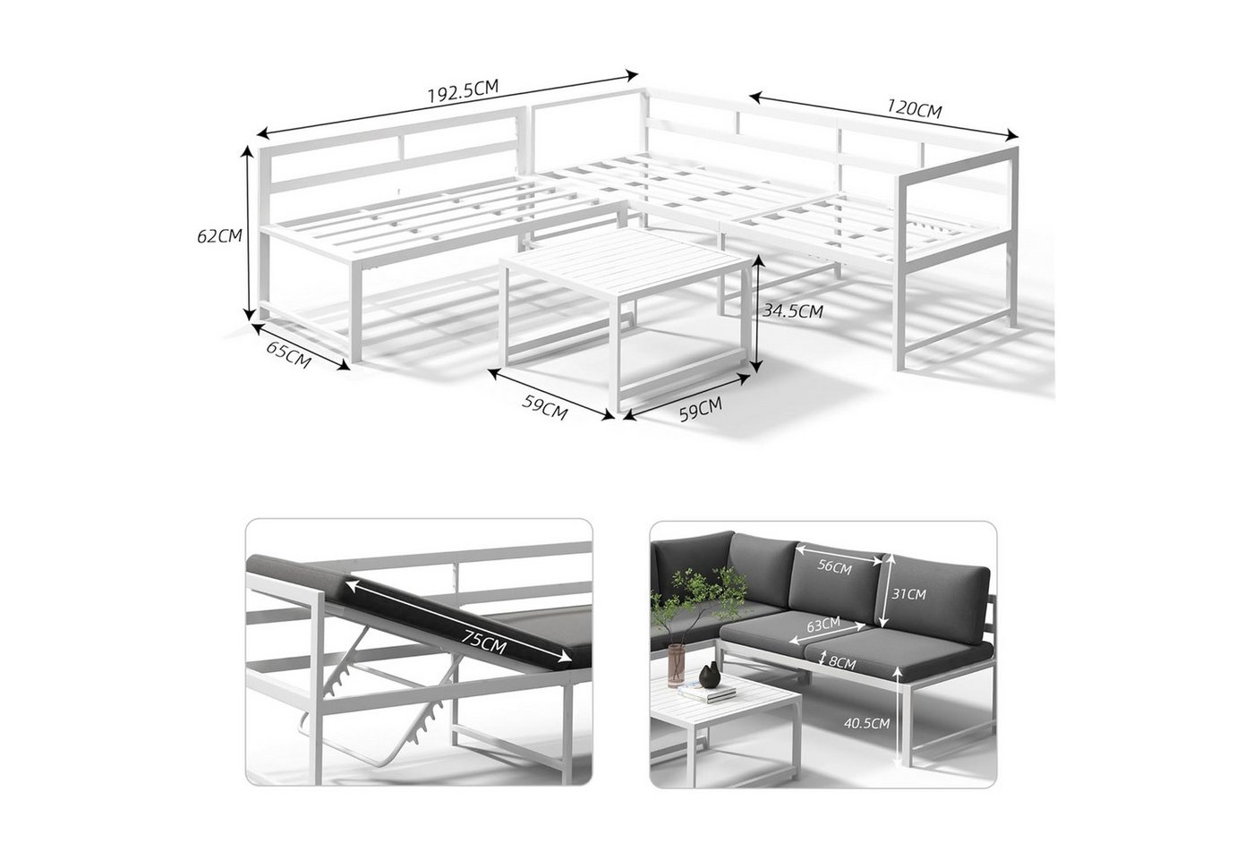 Mucola Gartenlounge-Set Ecklounge mit Liegefunktion Aluminium Sitzgruppe wetterfest Weiß, (Set, 3-tlg., 2 Sofa, 1 Tisch, 11 Auflagen), Liegefunktion durch verst – Bild 3 von 5