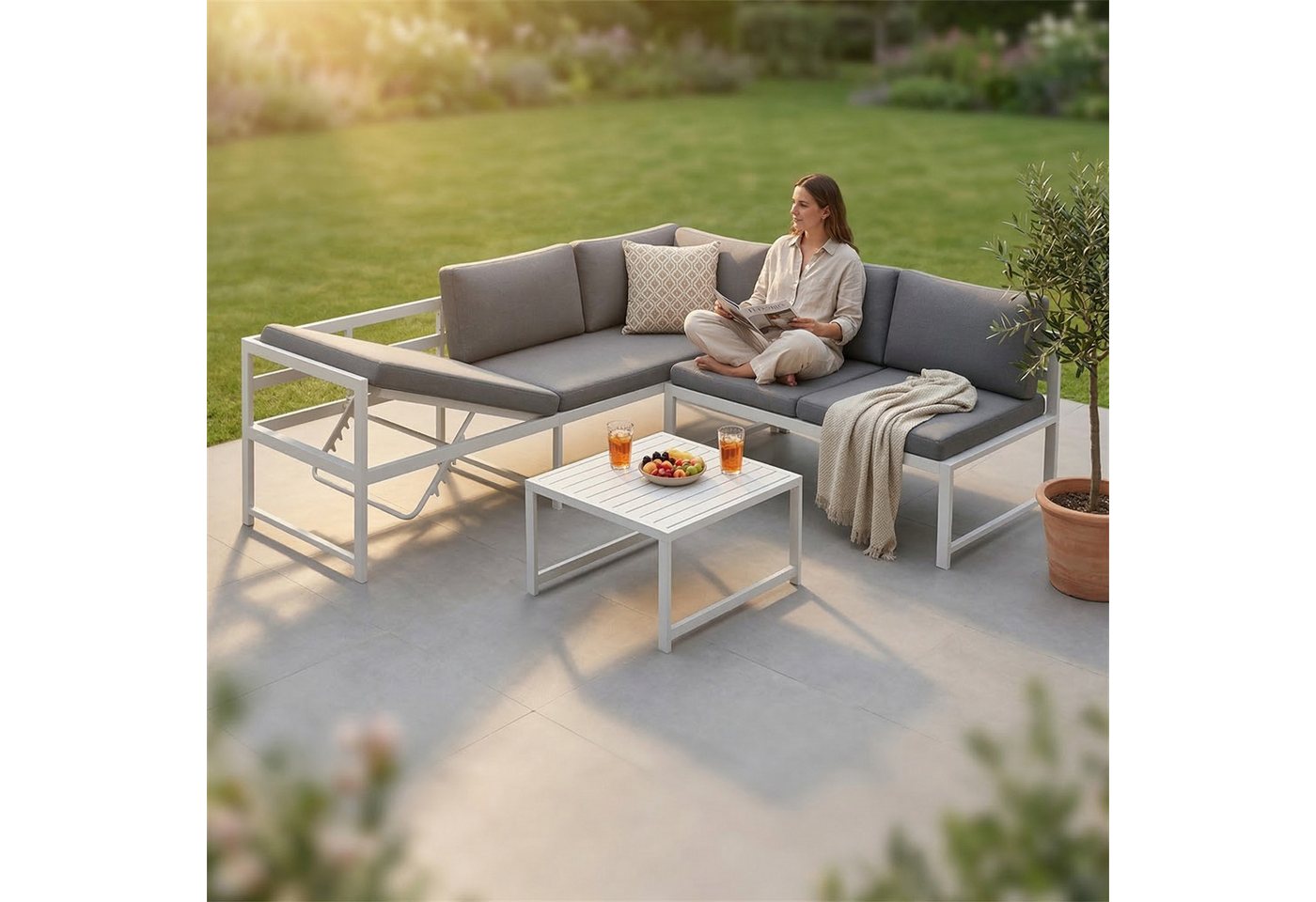 Mucola Gartenlounge-Set Ecklounge mit Liegefunktion Aluminium Sitzgruppe wetterfest Weiß, (Set, 3-tlg., 2 Sofa, 1 Tisch, 11 Auflagen), Liegefunktion durch verst – Bild 4 von 5