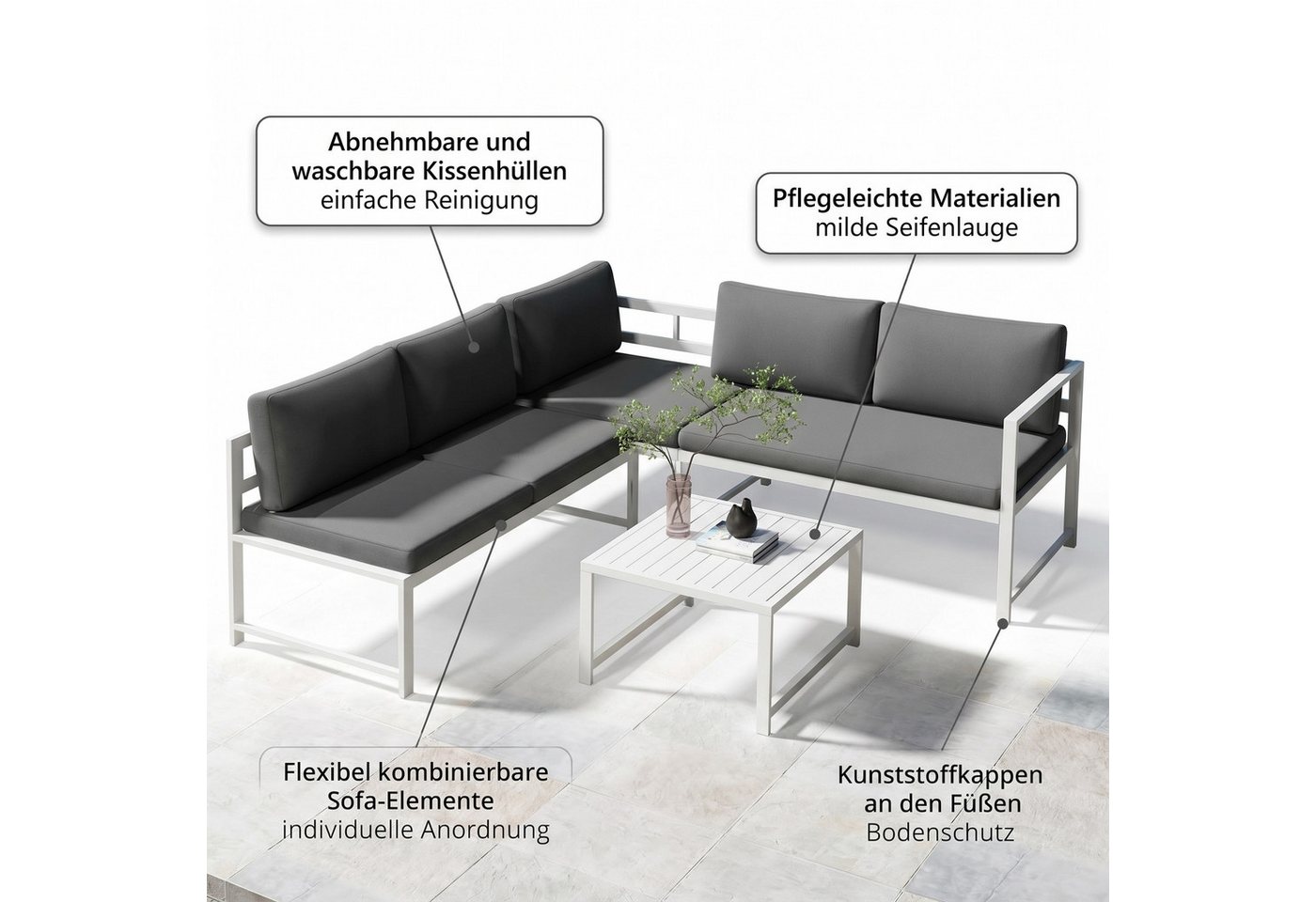 Mucola Gartenlounge-Set Ecklounge mit Liegefunktion Aluminium Sitzgruppe wetterfest Weiß, (Set, 3-tlg., 2 Sofa, 1 Tisch, 11 Auflagen), Liegefunktion durch verst – Bild 5 von 5