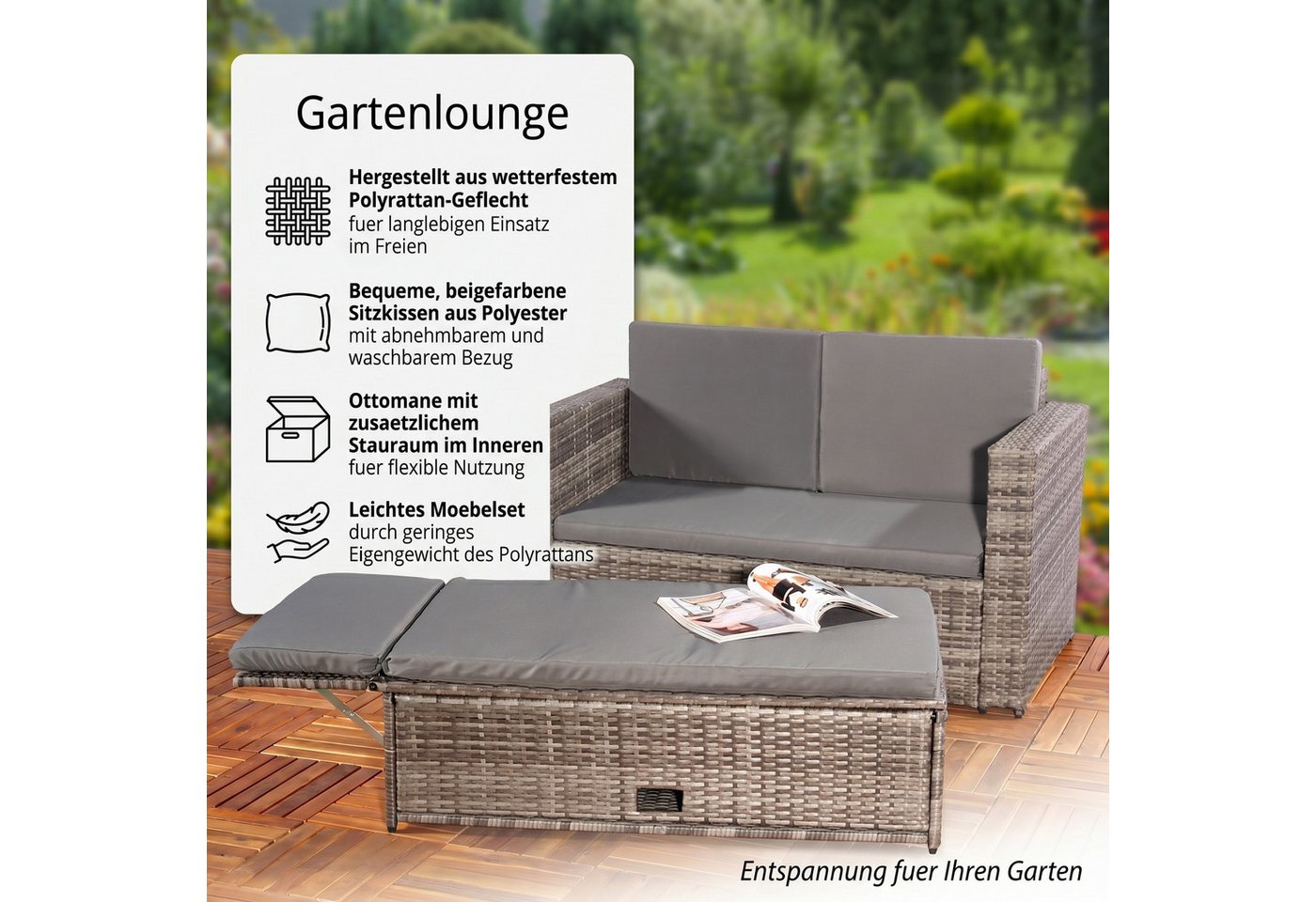 Mucola Gartenlounge-Set Polyrattan Gartensofa Lounge Sofa Gartenmöbel Gartensofa Sitzgarnitur, (Set, 2-tlg., Sofa & Ottomane), Kissen inkl. Reißverschluss, dahe – Bild 2 von 5
