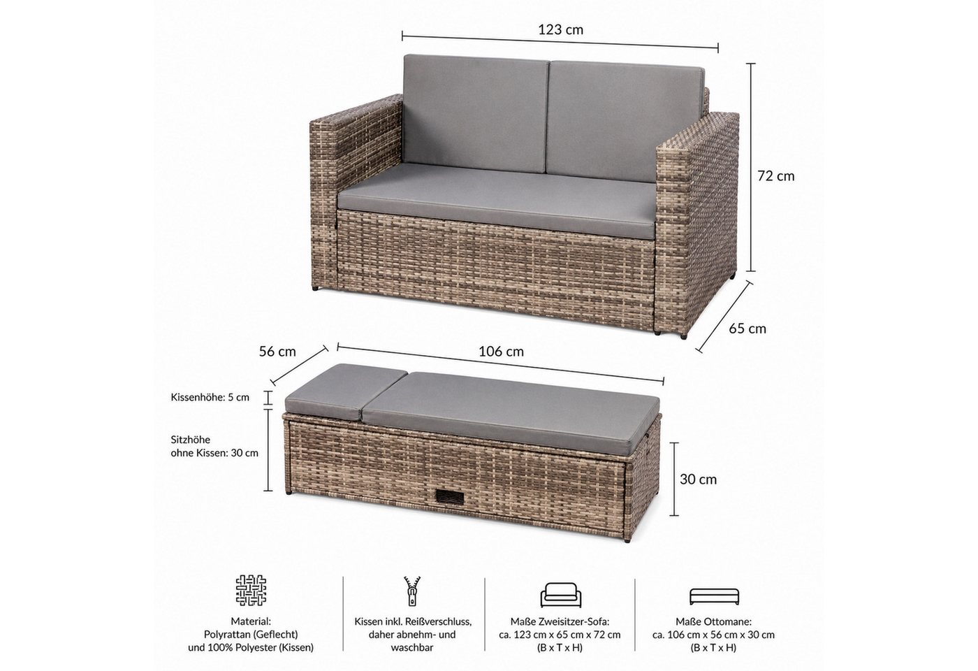 Mucola Gartenlounge-Set Polyrattan Gartensofa Lounge Sofa Gartenmöbel Gartensofa Sitzgarnitur, (Set, 2-tlg., Sofa & Ottomane), Kissen inkl. Reißverschluss, dahe – Bild 3 von 5