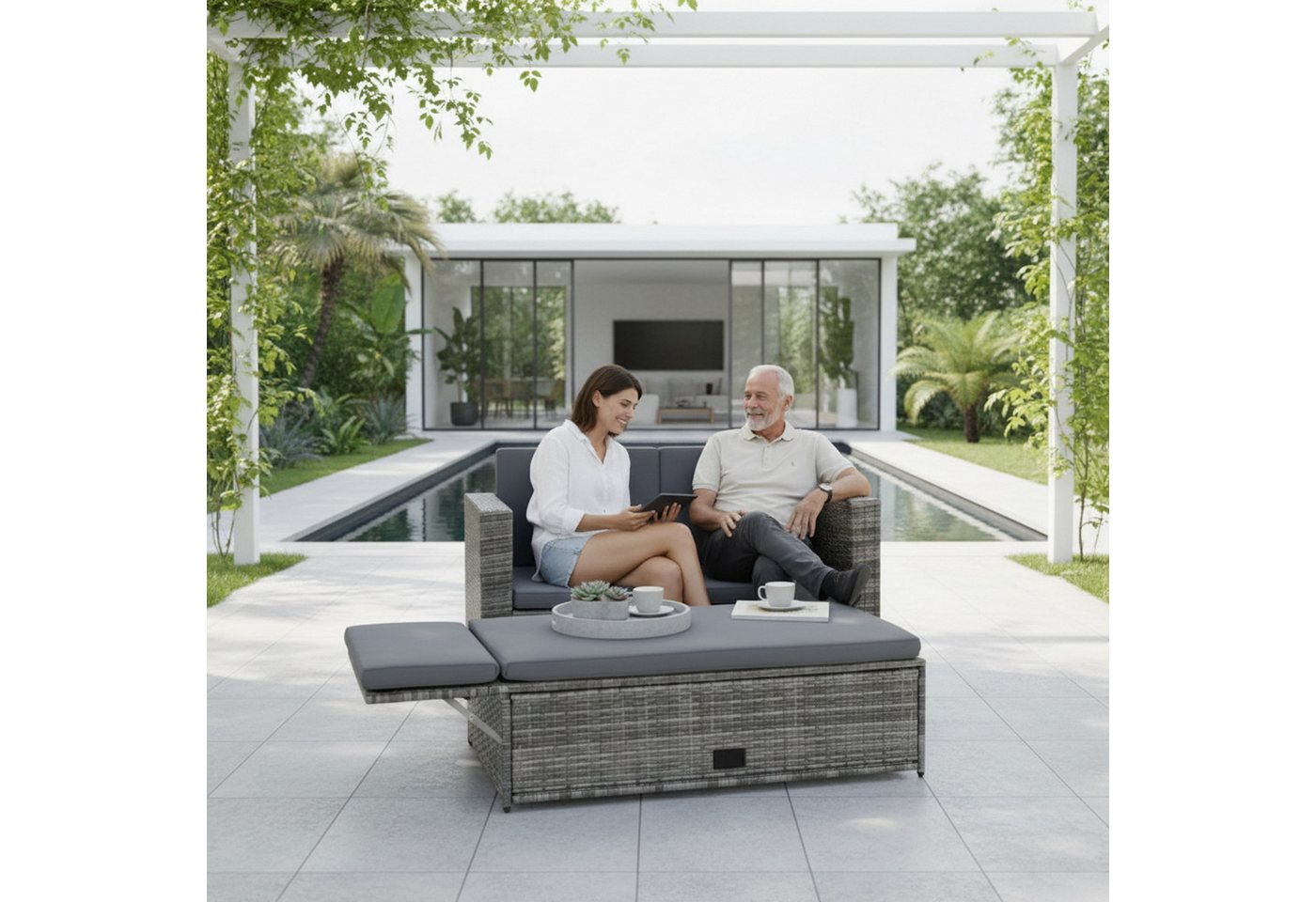 Mucola Gartenlounge-Set Polyrattan Gartensofa Lounge Sofa Gartenmöbel Gartensofa Sitzgarnitur, (Set, 2-tlg., Sofa & Ottomane), Kissen inkl. Reißverschluss, dahe – Bild 4 von 5