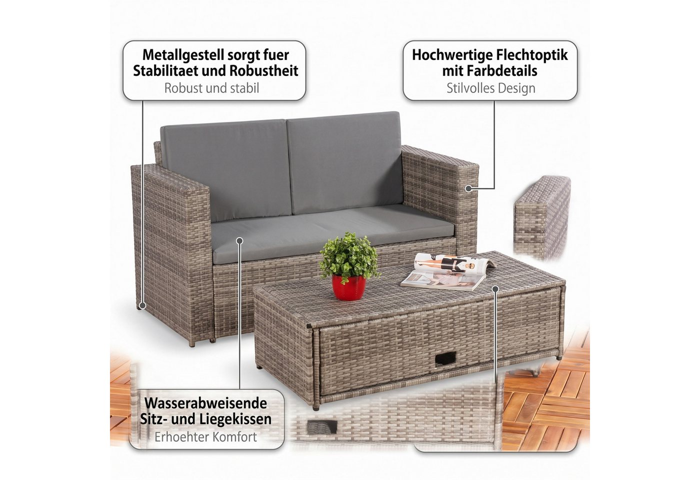 Mucola Gartenlounge-Set Polyrattan Gartensofa Lounge Sofa Gartenmöbel Gartensofa Sitzgarnitur, (Set, 2-tlg., Sofa & Ottomane), Kissen inkl. Reißverschluss, dahe – Bild 5 von 5