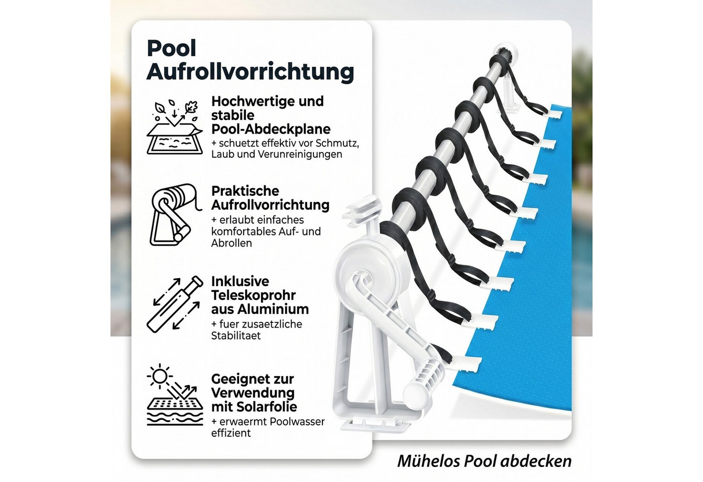 Mucola Pool-Abdeckplane Pool Aufroller Aufrollvorrichtung Stange Poolabdeckung Solarfolie 1-6 (Stück, 1-St., Aufroller einzeln), Hochwertiges, stabiles Gestell – Bild 2 von 5
