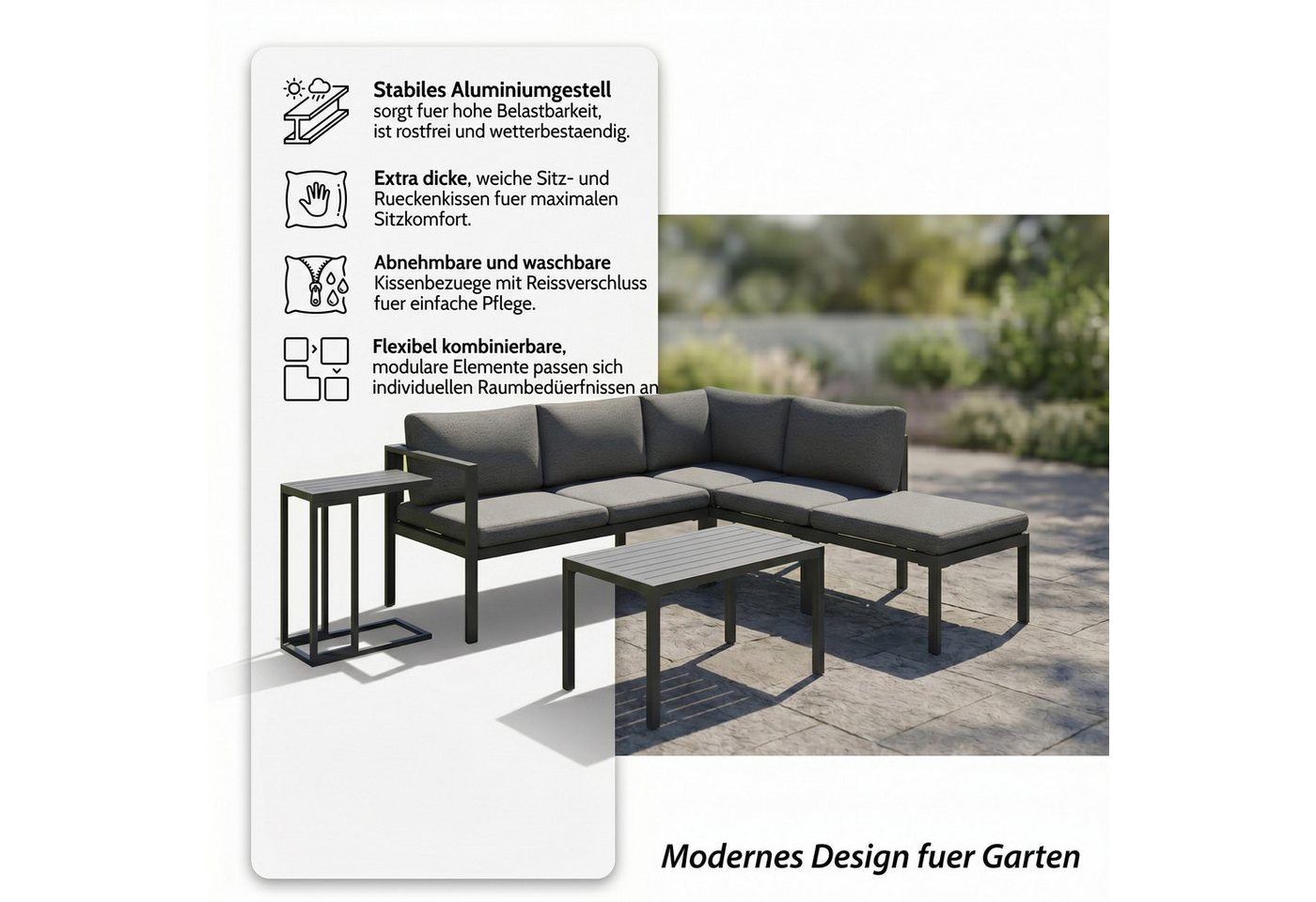 Mucola Sitzgruppe Ecklounge Aluminium 5-tlg. Anthrazit, Hocker, Couch- und Beistelltisch, (UV-Beständigkeit, 5-tlg., Möbelset Anthrazit), Inkl. praktischen Beis – Bild 2 von 5