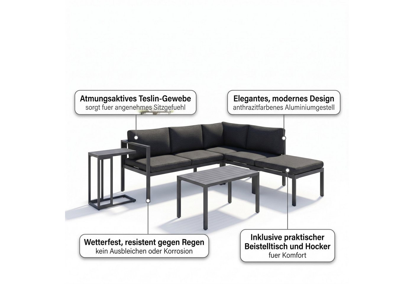 Mucola Sitzgruppe Ecklounge Aluminium 5-tlg. Anthrazit, Hocker, Couch- und Beistelltisch, (UV-Beständigkeit, 5-tlg., Möbelset Anthrazit), Inkl. praktischen Beis – Bild 5 von 5