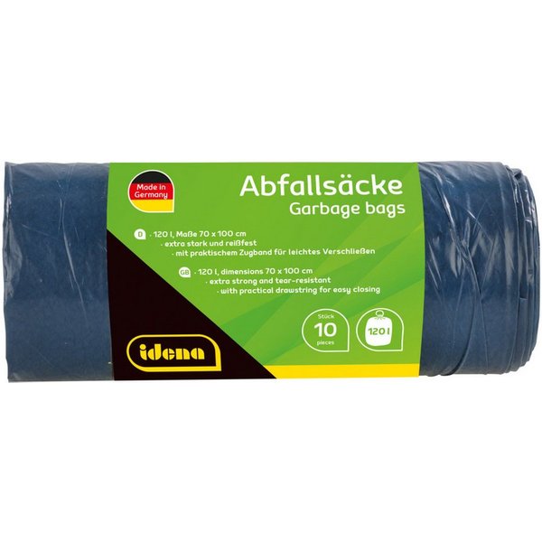 Idena Müllbeutel Idena 50056 - Abfallsäcke, blau, 1 Rolle mit 10 Stück, 120 Liter, 40µ