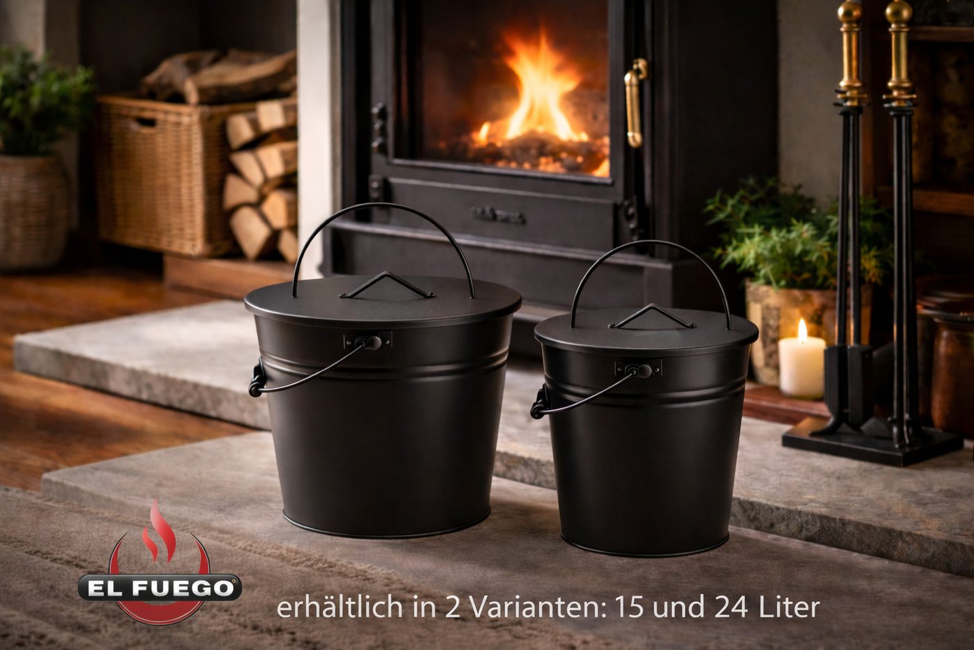 El Fuego Mülleimer El Fuego® Ascheeimer Kamineimer mit Deckel, 24 Liter – Bild 3 von 5