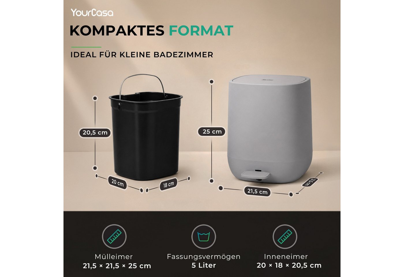 YourCasa Mülleimer YourCasa Mülleimer Bad [5L] Elegantes Design Badezimmer Kosmetikeimer, ABS Kunsstoff – Bild 5 von 5