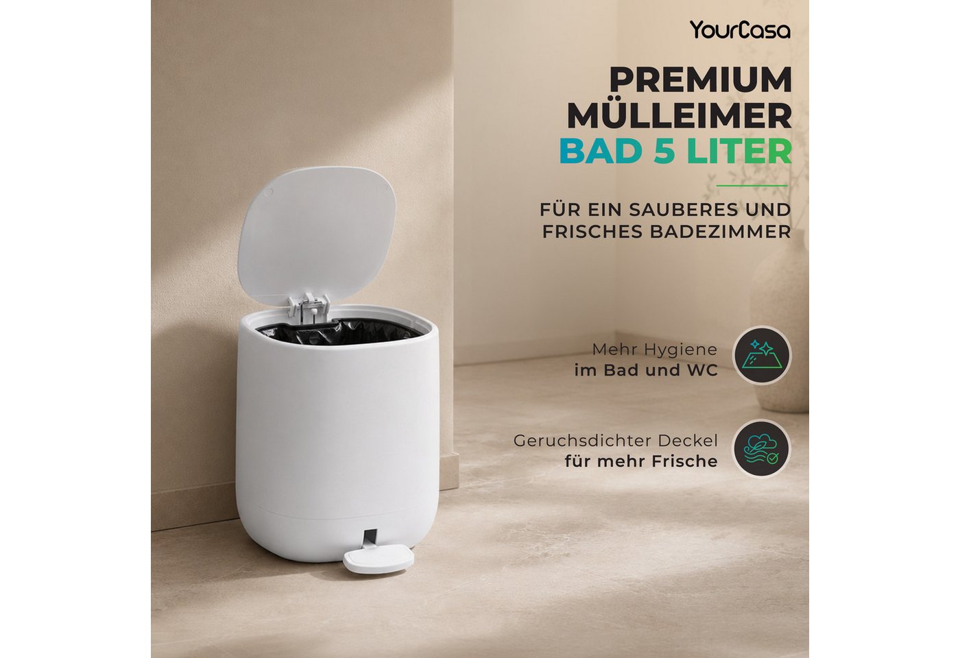 YourCasa Mülleimer YourCasa Mülleimer Bad [5L] Elegantes Design Badezimmer Kosmetikeimer, ABS Kunsstoff – Bild 2 von 5