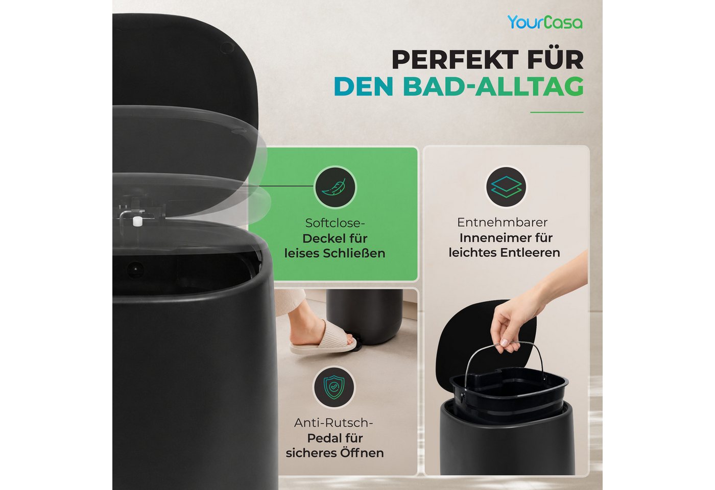 YourCasa Mülleimer YourCasa Mülleimer Bad [5L] Elegantes Design Badezimmer Kosmetikeimer, ABS Kunsstoff – Bild 4 von 5