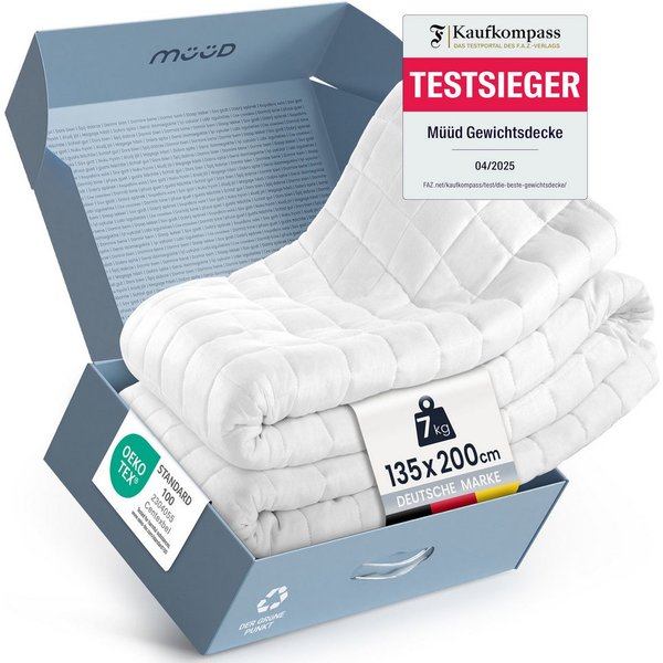 Müüd Gewichtsdecke - Therapiedecke - schwere Decke -, Füllung: feine Glasperlen, recyclete Mikrofaser, Bezug: 7kg, 5x5cm Nähte, 100% Baumwolle, Sommer und Winte