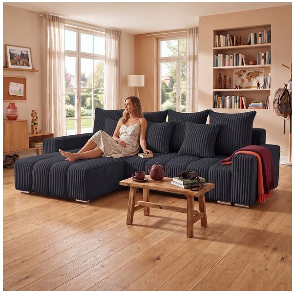 Muffo Ecksofa PIANO, elegante vertikale Nähte, Bettzeugablage, Schlaffunktion 234x137, Lose Rückenkissen