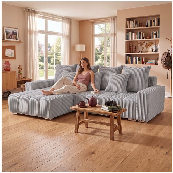 Muffo Ecksofa PIANO, elegante vertikale Nähte, Bettzeugablage, Schlaffunktion 234x137, Lose Rückenkissen