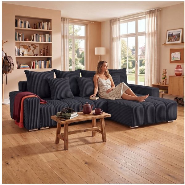 Muffo Ecksofa PIANO, elegante vertikale Nähte, Bettzeugablage, Schlaffunktion 234x137, Lose Rückenkissen