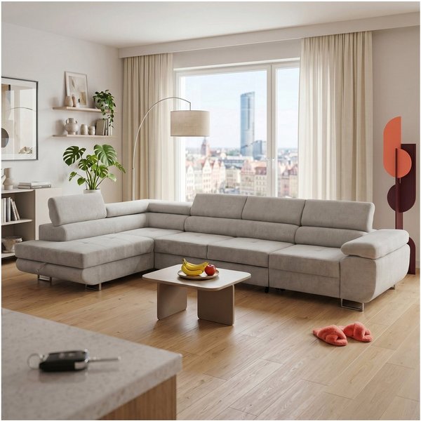 Muffo Ecksofa Wild Maxi mit Schlaffunktion inkl. Montage, L-form Couch mit Bettkasten XL, 6-fach verstellbare Kopfstützen