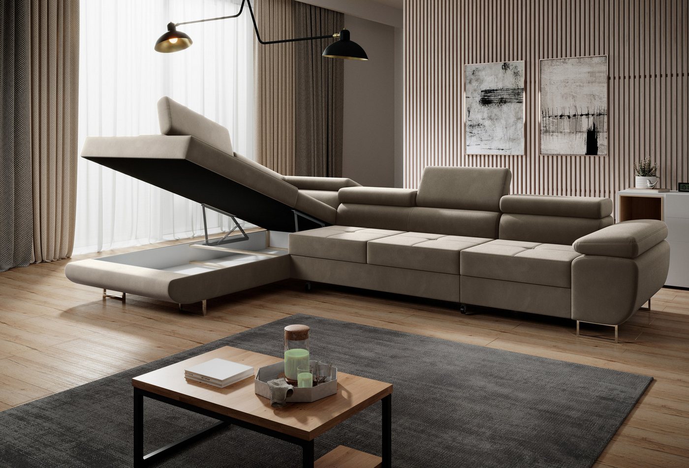 Muffo Ecksofa Wild Maxi mit Schlaffunktion inkl. Montage, L-form Couch mit Bettkasten XL, 6-fach verstellbare Kopfstützen – Bild 3 von 5