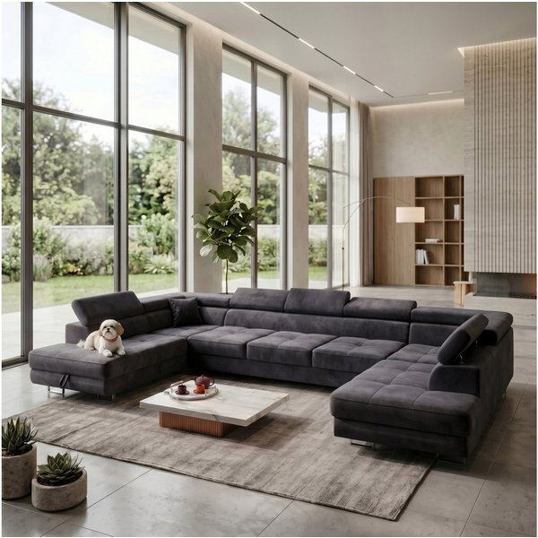 Muffo Ecksofa WILD Maxi U2 Wohnlandschaft U-Form, mit Schlaffunktion und Bettkasten, verstellbare Kopfstützen