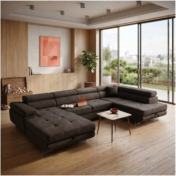 Muffo Ecksofa WILD U, Verstellbare Kopfstützen, elegante Metallbeine, 2 Bettzeugkasten, gelegentliche Schlaffunktion