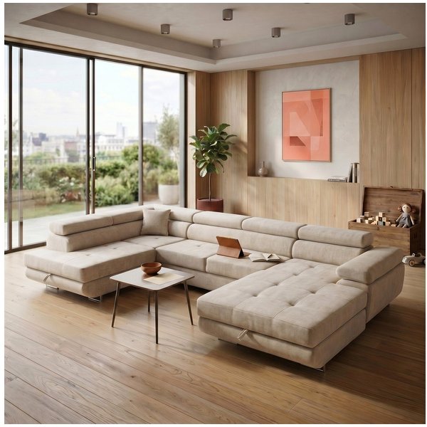 Muffo Ecksofa WILD U, Verstellbare Kopfstützen, elegante Metallbeine, 2 Bettzeugkasten, gelegentliche Schlaffunktion