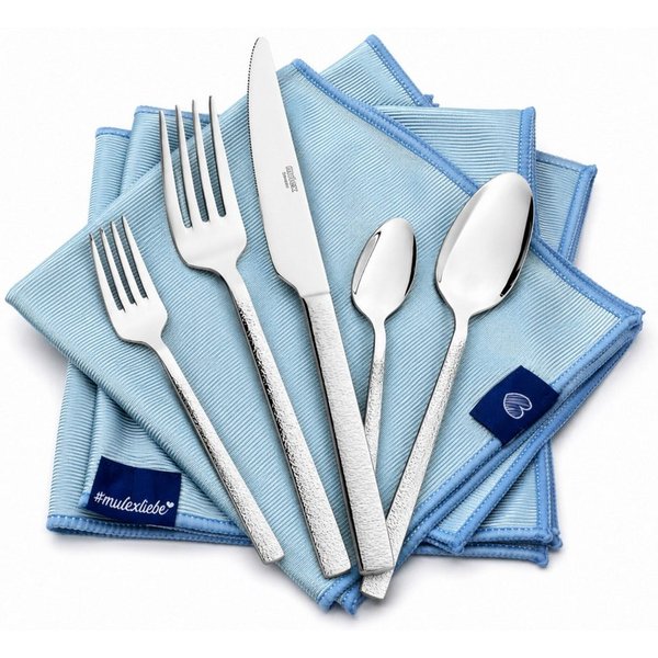 Mulex Besteck-Set Genua, Besteckset mit 3 Multifunktionstüchern (63-tlg), 12 Personen, Edelstahl 18/0, Kratzfestes Besteck mit edlem Design und angenehmer Hapti