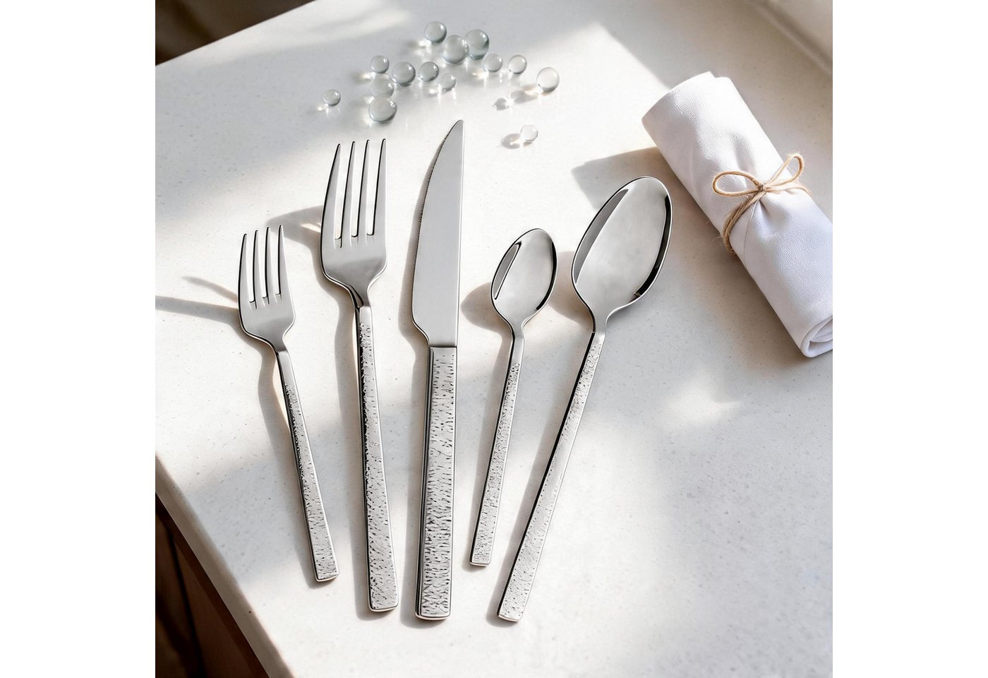 Mulex Besteck-Set Genua, Besteckset mit 3 Multifunktionstüchern (63-tlg), 12 Personen, Edelstahl 18/0, Kratzfestes Besteck mit edlem Design und angenehmer Hapti – Bild 2 von 5