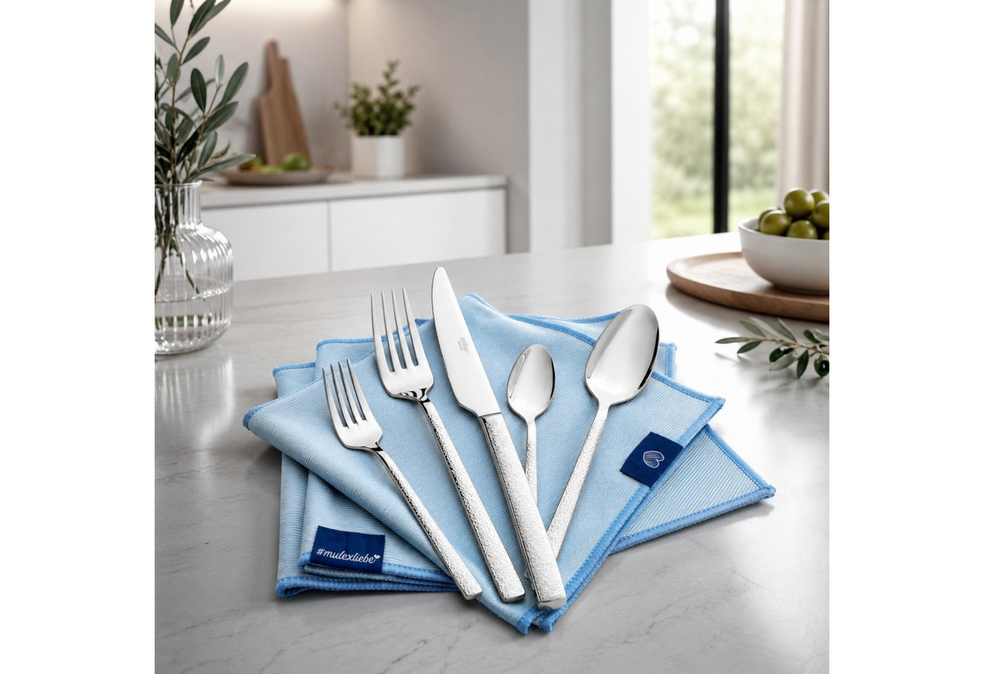 Mulex Besteck-Set Genua, Besteckset mit 3 Multifunktionstüchern (63-tlg), 12 Personen, Edelstahl 18/0, Kratzfestes Besteck mit edlem Design und angenehmer Hapti – Bild 4 von 5